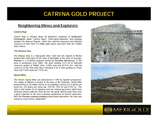 CATRINA GOLD PROJECT
          Neighboring Mines and Explorers
   Camino Rojo

   Camino Rojo is situated about 50 kilometers southeast of Goldcorp's
   Peñasquito mine. Camino Rojo's 3,389-square-kilometer land package
   includes the Represa Deposit, which has reported measured and indicated
   resources of more than 3.4 million gold ounces and more than 60.7 million
   silver ounces.

   The Platosa mine

   The Platosa mine is a high-grade silver, lead and zinc deposit in Mexico
   located 5km north-west of the town of Bermejillo in the state of Durango.
   Platosa is a 24,065ha property owned by Excellon Resources. It has
   been in production since 2005. The mine contains 0.57 mt of indicated
   resources graded at 909g/t silver, 9.09% lead and 10.51% zinc. Inferred
   resources at the mine have been estimated to be 0.16mt grading at 731g/t
   silver and 7.44% lead and 7.57% zinc.

   Ojuela Mine

   The historic Ojuela Mine was discovered in 1598 by Spanish prospectors.
   The village of Mapimi is located at the base of the mountain. Ojuela Mine
   produced five to six million tonnes of ore grading in excess of 3.5 grams per
   tonne Au, 475 grams per tonne Ag, 15% Pb, 10% Zn and 0.2% Cu. The
   mine is also known for its fabulous and rare mineral specimens which have
   attracted mineral collectors from all over the world. Recent years have seen
   a great reduction in the once enormous production of mineral specimens.
   After the Penoles mining company closed down operations, the mine was
   leased to a local miners cooperative.




Page 10
 