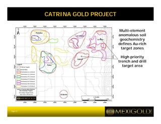 CATRINA GOLD PROJECT

                                 Multi-element
                                 anomalous soil
                                  geochemistry
                                 defines Au-rich
                                  target zones

                                   High priority
                                 trench and drill
                                   target area




Page 12
 