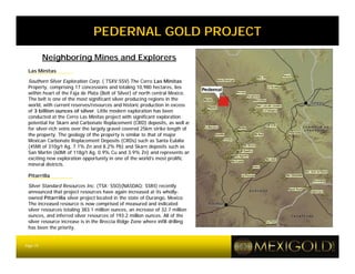 PEDERNAL GOLD PROJECT
          Neighboring Mines and Explorers
 Las Minitas

 Southern Silver Exploration Corp. ( TSXV:SSV) The Cerro Las Minitas
 Property, comprising 17 concessions and totaling 10,980 hectares, lies
 within heart of the Faja de Plata (Belt of Silver) of north central Mexico.
 The belt is one of the most significant silver producing regions in the
 world, with current reserves/resources and historic production in excess
 of 3 billion ounces of silver. Little modern exploration has been
 conducted at the Cerro Las Minitas project with significant exploration
 potential for Skarn and Carbonate Replacement (CRD) deposits, as well as
 for silver-rich veins over the largely gravel covered 25km strike length of
 the property. The geology of the property is similar to that of major
 Mexican Carbonate Replacement Deposits (CRDs) such as Santa Eulalia
 (45Mt of 310g/t Ag, 7.1% Zn and 8.2% Pb) and Skarn deposits such as
 San Martin (60Mt of 118g/t Ag, 0.9% Cu and 3.9% Zn) and represents an
 exciting new exploration opportunity in one of the world’s most prolific
 mineral districts.

 Pitarrilla

 Silver Standard Resources Inc. (TSX: SSO)(NASDAQ: SSRI) recently
 announced that project resources have again increased at its wholly-
 owned Pitarrilla silver project located in the state of Durango, Mexico.
 The increased resource is now comprised of measured and indicated
 silver resources totaling 383.1 million ounces, an increase of 32.7 million
 ounces, and inferred silver resources of 193.2 million ounces. All of the
 silver resource increase is in the Breccia Ridge Zone where infill drilling
 has been the priority.


Page 19
 
