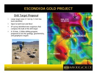 ESCONDIDA GOLD PROJECT
              Drill Target Proposal
 •        Large target zone 2.1 km by 1.3 km has
          been identified
 •        Open to both East and West
 •        IP survey identified nine responses that
          compose the bulk of the drill target
 •        A 10 hole, 2,500m drilling program
          proposed to test the geology, geochemistry,
          and geophysics targets




Page 28
 