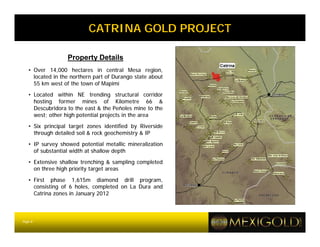 CATRINA GOLD PROJECT

                  Property Details
   • Over 14,000 hectares in central Mesa region,
     located in the northern part of Durango state about
     55 km west of the town of Mapimí
   • Located within NE trending structural corridor
     hosting former mines of Kilometre 66 &
     Descubridora to the east & the Peñoles mine to the
     west; other high potential projects in the area
   • Six principal target zones identified by Riverside
     through detailed soil & rock geochemistry & IP
   • IP survey showed potential metallic mineralization
     of substantial width at shallow depth
   • Extensive shallow trenching & sampling completed
     on three high priority target areas

   • First phase 1,615m diamond drill program,
     consisting of 6 holes, completed on La Dura and
     Catrina zones in January 2012



Page 8
 