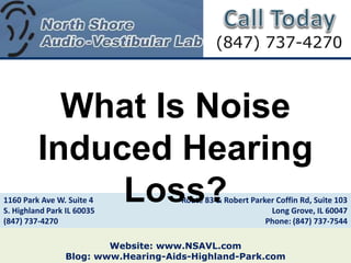 What Is Noise
         Induced Hearing
              Loss?
1160 Park Ave W. Suite 4
S. Highland Park IL 60035
                                     Route 83 & Robert Parker Coffin Rd, Suite 103
                                                            Long Grove, IL 60047
(847) 737-4270                                             Phone: (847) 737-7544

                        Website: www.NSAVL.com
                Blog: www.Hearing-Aids-Highland-Park.com
 