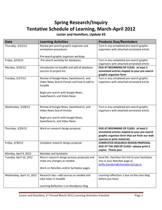 Spring Research/Inquiry
                   Tentative Schedule of Learning, March-April 2012
                                         Lester and Hamilton, Update #3
Date                        Learning Activities                            Products Due/Reminders
Thursday, 3/22/12           Review pre-search graphic organizer and        Turn in any completed pre-search graphic
                            annotation procedures                          organizers with attached annotated article

                            Pre-search graphic organizer workday
Friday, 3/23/12             Pre-search workday for databases               Turn in any completed pre-search graphic
                                                                           organizers with attached annotated article
Monday, 3/26/12             Introduction to EasyBib and add all database   DUE AT BEGINNING OF CLASS: at least 3
                            sources to project list                        annotated articles stapled to your pre-search
                                                                           graphic organizer form
Tuesday, 3/27/12            Review of Google News, SweetSearch, and        Turn in any completed pre-search graphic
                            Video News Search Portals and how to add to    organizers with attached annotated article
                            EasyBib

                            Begin pre-search with Google News,
                            SweetSearch, and Video News


Wednesday, 3/28/12          Review of Google News, SweetSearch, and        Turn in any completed pre-search graphic
                            Video News Search Portals                      organizers with attached annotated article

                            Begin pre-search with Google News,
                            SweetSearch, and Video News

Thursday, 3/29/12           Work on research design proposal               DUE AT BEGINNING OF CLASS: at least 3
                                                                           annotated articles stapled to your pre-search
                                                                           graphic organizer form that are from our web
                                                                           sources or print materials.
Friday, 3/30/12             Complete research design proposal              COMPLETED RESEARCH DESIGN PROPOSAL
                                                                           DUE AT THE END OF CLASS—please print 2
                                                                           copies. Thank you!
Monday, April 9, 2012       Netvibes and Symbaloo
Tuesday, April 10, 2012     Return research design process proposals and   Send Ms. Hamilton the link to your Symbaloo
                            make any changes as needed                     mix or your Netvibes page at
                                                                           buffy.hamilton@cherokee.k12.ga.us
                            Work on Netvibes and/or Symbaloo pages

Wednesday, April 11, 2012   Research day—add sources as needed and         Learning reflections 1 due on the class blog
                            take notes in EasyBib                          before you leave

                            Learning Reflection 1 on Wordpress blog


           Lester and Hamilton, 3rd Period March 2012 Learning Activities Schedule                        Page 1
 
