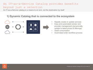 An IT-as-a-Service Catalog provides benefits
beyond just a selection
11
An IT-as-a-Service catalog is a means to an end, not the destination by itself
1) Dynamic Catalog that is connected to the ecosystem
•  Rapidly create or update services
•  Easy and automated vendor and
provider management (dynamically
update to latest prices & offerings)
•  XaaS consumption
•  Automated order workflow process
 
