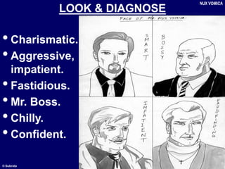 © Subrata
LOOK & DIAGNOSE
•Charismatic.
•Aggressive,
impatient.
•Fastidious.
•Mr. Boss.
•Chilly.
•Confident.
NUX VOMICA
 