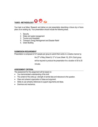 TASKS - METHODOLOGY
Your task is as follow: Research and deliver an oral presentation describing a future city or future
plans of an existing city. Your presentation should include the following areas.
1. Security
2. Water and waste management
3. Tourism and Hospitality
4. Transport, Energy Management and Disaster Relief
5. Green Building
SUBMISSION REQUIREMENT
Presentation is composed of 4/ 5 people per group to submit their works in a creative manner by
the 27th
of May (Week 9) / 3rd
of June (Week 10), 2014. Each group
will be required to produce the presentation for a duration of 20 to 25
minutes.
ASSESSMENT CRITERIA
The assessment for this assignment will be based on:
• Your demonstrated understanding of the brief.
• The content of the write-up—strength of central idea and relevance to the question.
• Clear and coherent organization of ideas and argument.
• Ability to use scholarly references to support arguments and ideas.
• Grammar and mechanics.
 