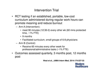 Intervention Trial
• RCT testing if an established, portable, low-cost
curriculum administered during regular work hours can
promote meaning and reduce burnout
– Arm A (Intervention):
• meet 90 minutes (12:30-2) every other wk (60 mins protected
time, ~1% FTE)
• 9 months
• Facilitated curriculum, small groups of 6-8 physicians
– Arm B (Control):
• Receive 60 minutes every other week for
professional/administrative tasks (~1% FTE)
• Outcomes assessed quarterly, 3 months post, 12 months
post
West et al., JAMA Intern Med. 2014:174:527-33
 