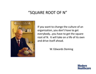 If you want to change the culture of an
organization, you don’t have to get
everybody…you have to get the square
root of N. It will take on a life of its own
and drive itself ahead.
W. Edwards Deming
“SQUARE ROOT OF N”
 