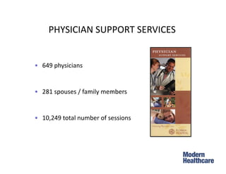 • 649 physicians
• 281 spouses / family members
• 10,249 total number of sessions
PHYSICIAN SUPPORT SERVICES
 