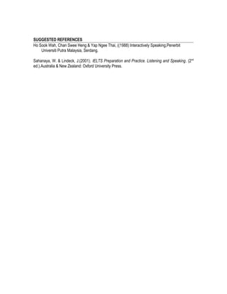 SUGGESTED REFERENCES
Ho Sook Wah, Chan Swee Heng & Yap Ngee Thai, ((1988) Interactively Speaking,Penerbit
Universiti Putra Malaysia, Serdang.
Sahanaya, W. & Lindeck, J.(2001). IELTS Preparation and Practice. Listening and Speaking. (2nd
ed.).Australia & New Zealand: Oxford University Press.
 