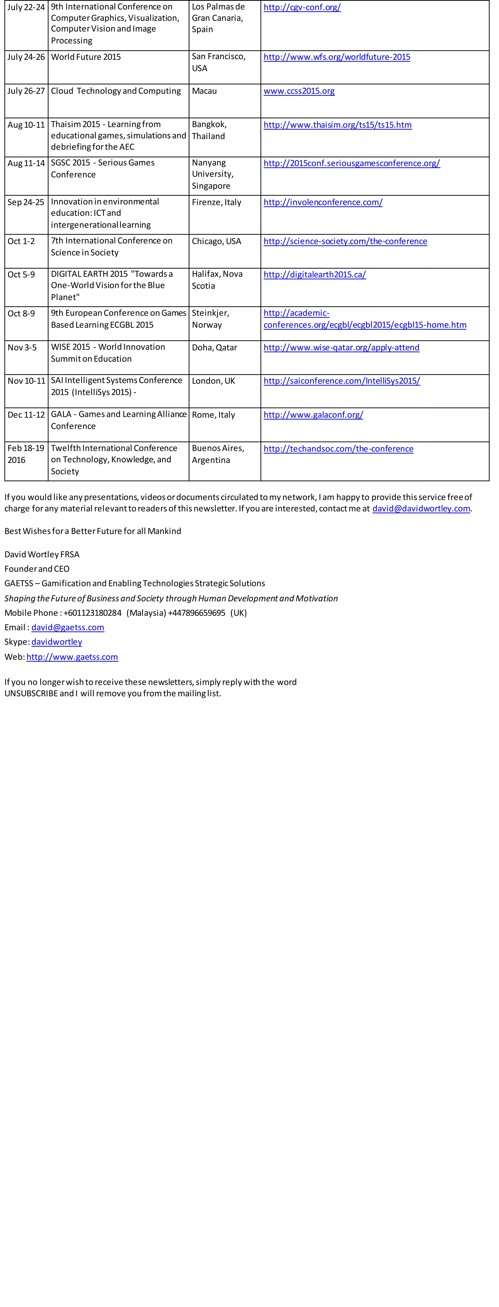 July22-24 9th International Conference on
ComputerGraphics,Visualization,
ComputerVisionandImage
Processing
Los Palmasde
Gran Canaria,
Spain
http://cgv-conf.org/
July24-26 WorldFuture 2015 San Francisco,
USA
http://www.wfs.org/worldfuture-2015
July26-27 Cloud TechnologyandComputing Macau www.ccss2015.org
Aug10-11 Thaisim2015 - Learningfrom
educational games,simulationsand
debriefingforthe AEC
Bangkok,
Thailand
http://www.thaisim.org/ts15/ts15.htm
Aug11-14 SGSC 2015 - Serious Games
Conference
Nanyang
University,
Singapore
http://2015conf.seriousgamesconference.org/
Sep24-25 Innovationinenvironmental
education:ICTand
intergenerationallearning
Firenze,Italy http://involenconference.com/
Oct 1-2 7th International Conference on
Science inSociety
Chicago,USA http://science-society.com/the-conference
Oct 5-9 DIGITAL EARTH 2015 "Towardsa
One-WorldVisionforthe Blue
Planet"
Halifax,Nova
Scotia
http://digitalearth2015.ca/
Oct 8-9 9th EuropeanConference onGames
BasedLearningECGBL 2015
Steinkjer,
Norway
http://academic-
conferences.org/ecgbl/ecgbl2015/ecgbl15-home.htm
Nov3-5 WISE 2015 - WorldInnovation
SummitonEducation
Doha,Qatar http://www.wise-qatar.org/apply-attend
Nov10-11 SAIIntelligentSystemsConference
2015 (IntelliSys2015) -
London,UK http://saiconference.com/IntelliSys2015/
Dec 11-12 GALA - Gamesand LearningAlliance
Conference
Rome,Italy http://www.galaconf.org/
Feb18-19
2016
TwelfthInternational Conference
on Technology,Knowledge,and
Society
BuenosAires,
Argentina
http://techandsoc.com/the-conference
If you wouldlike anypresentations,videosordocumentscirculatedtomynetwork,Iam happyto provide thisservice freeof
charge forany material relevanttoreadersof thisnewsletter.If youare interested,contactme at david@davidwortley.com.
BestWishesfora BetterFuture for all Mankind
DavidWortleyFRSA
FounderandCEO
GAETSS – Gamificationand EnablingTechnologiesStrategicSolutions
Shaping theFutureof Businessand Society through Human Developmentand Motivation
Mobile Phone : +601123180284 (Malaysia) +447896659695 (UK)
Email : david@gaetss.com
Skype:davidwortley
Web:http://www.gaetss.com
If you no longerwishtoreceive these newsletters,simplyreplywiththe word
UNSUBSCRIBE andI will remove youfromthe mailinglist.
 
