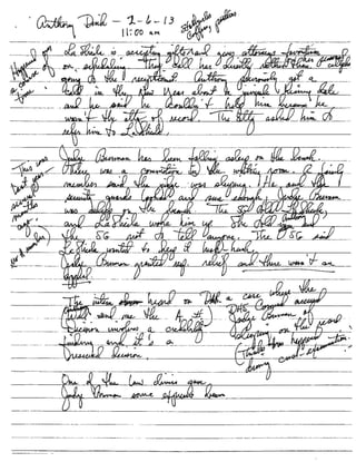 Routed by email the complaint letter of attorney; inquires made to
determine how the NY Bar evidences attorneys licensed to practice by
them. A number of IJs members of the NY Bar and/or knowledgeable
respond to my request. They also provide internet bar site references for me
to review. I send out an email to all IJs pointing out what is provided to NY
bar attys to show licensing. See attached emails. I further send a separate
email to IJ Bither to call me on this matter as the complaint specifically
identified her as the U in this complaint; although failing to provide the case
ROP number or other identifying information. I am trying to talk to IJ
Bither to see if she has info that an id this and save the need to contact the
atty for that information.
8/9-13/12 Emails back and forth between IJ Bithers and me take place. IJ Bither takes
exception to my request and ultimate requirement that she come down and
meet me to talk about this complaint. See attached emails. She does locate
the ROPs and delivers them to me later that day. Review of the ROPs
taking place to formulate a response.
8/14/12 IJ Bither sent a response email (attached below) still arguing her
recollection of our meeting, but ignoring the majority of my email that she
could not challenge because her email responses supported my statements
and positions. She does end her response by stating. "I expect, however,
that this incident will not interfere with any of our future interactions."
8/14/12 During the mid-term PWP eval interview today she reiterated her
disagreement with my management style and alleged mistreatment of her.
During the interview she noticed her PWP file had papers other then just her
PWP form. She wanted to know what these papers were. I indicated that
they were papers submitted that could be relevant to her PWP evals, like
compliments and kudos, complaints, extracurricular activities, docs she was
allowed to provide. She challenged my authority to keep records on her;
and further noted that other IJs PWP files on my desk contained such
materials. She demanded to see them. I stated just like in the past, when it
was used for PWP eval or a complaint I would provide those to her, but
otherwise I did not do so to avoid possible issues later --- like a complaint I
found w/o merit being given a judge that then could be accused by the
complainant of being bias or grounds for recusal; tracking actions by an IJ
that might later establ a pattern of conduct but alone may not be
consequential, etc. She emphasized "I am a judge!" She clearly still takes
issue at anyone supervising her or reviewing her work.
8/?/12 Note to report: The complaint itself was relatively easy to resolve upon
research on the issue. It is IJ Bither's resistance to any review, her tone and
defiant attitude challenging a supervisor's authority which is surprising. A
similar view she exhibited to a complaint I reviewed a year or two ago. She
continues to question supervisory review of her actions, and appears to take
offense that anyone would question her "judicial conduct".
8/29/12 I completed review of the ROP, DAR and most carefully the two EOIR-28s
PAGE 30 12-20-14 RELEASE
 
