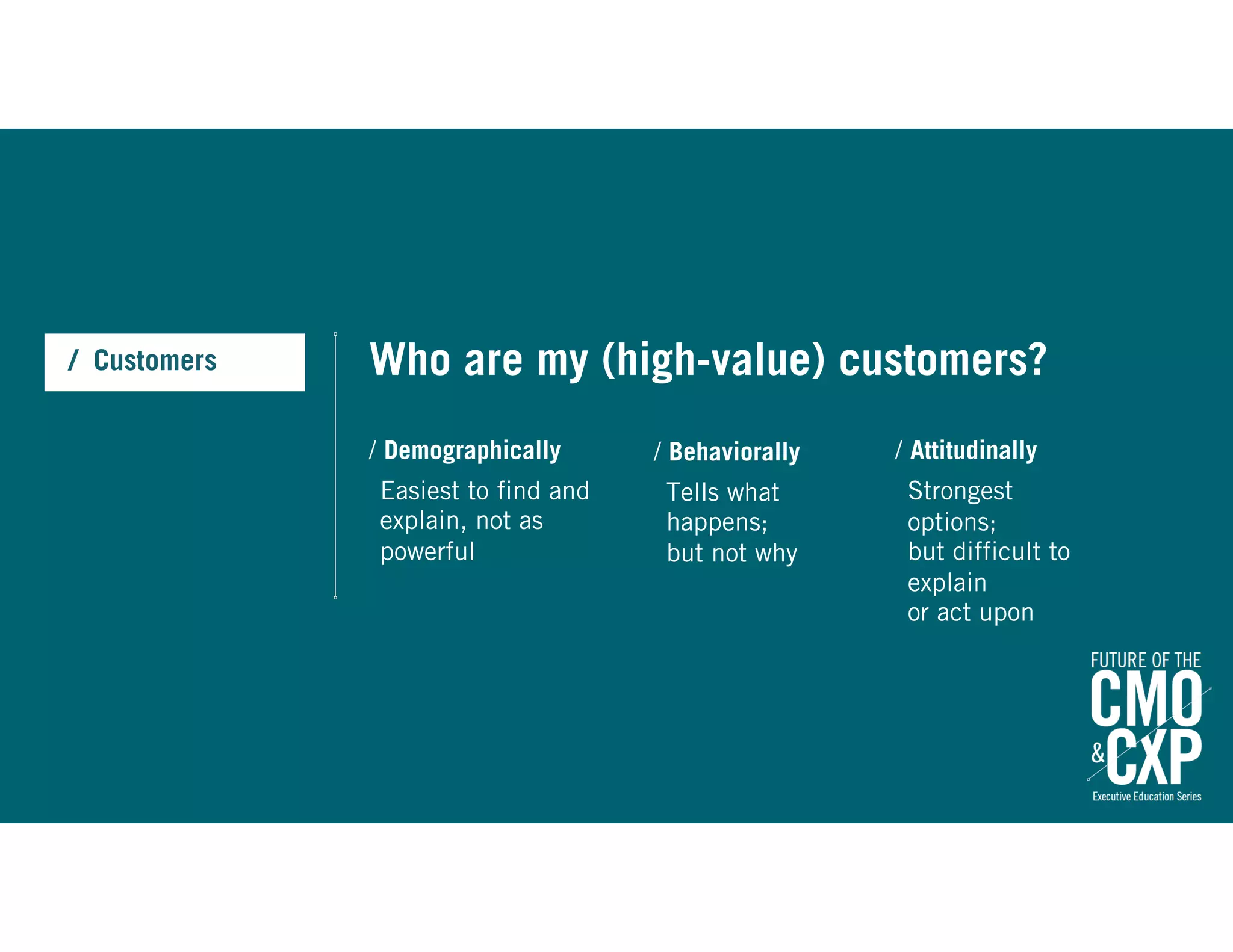 / Demographically
Easiest to find and
explain, not as
powerful
Who are my (high-value) customers?/ Customers
/ Behaviorally
Tells what
happens;  
but not why
/ Attitudinally
Strongest
options;  
but difficult to
explain  
or act upon
 