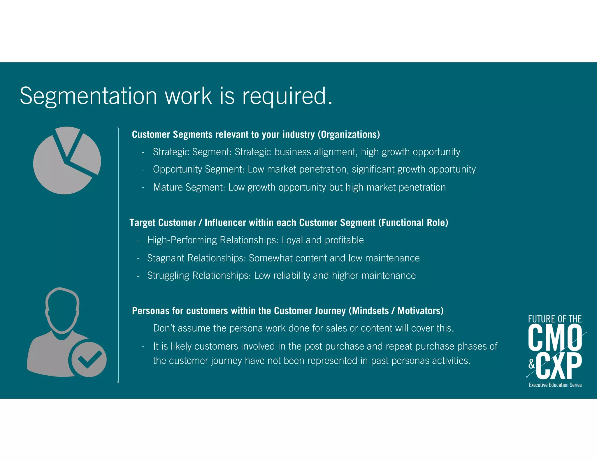 Customer Segments relevant to your industry (Organizations)
- Strategic Segment: Strategic business alignment, high growth opportunity
- Opportunity Segment: Low market penetration, significant growth opportunity
- Mature Segment: Low growth opportunity but high market penetration
Target Customer / Influencer within each Customer Segment (Functional Role)
- High-Performing Relationships: Loyal and profitable
- Stagnant Relationships: Somewhat content and low maintenance
- Struggling Relationships: Low reliability and higher maintenance
Personas for customers within the Customer Journey (Mindsets / Motivators)
- Don’t assume the persona work done for sales or content will cover this.
- It is likely customers involved in the post purchase and repeat purchase phases of
the customer journey have not been represented in past personas activities.
Segmentation work is required.
 