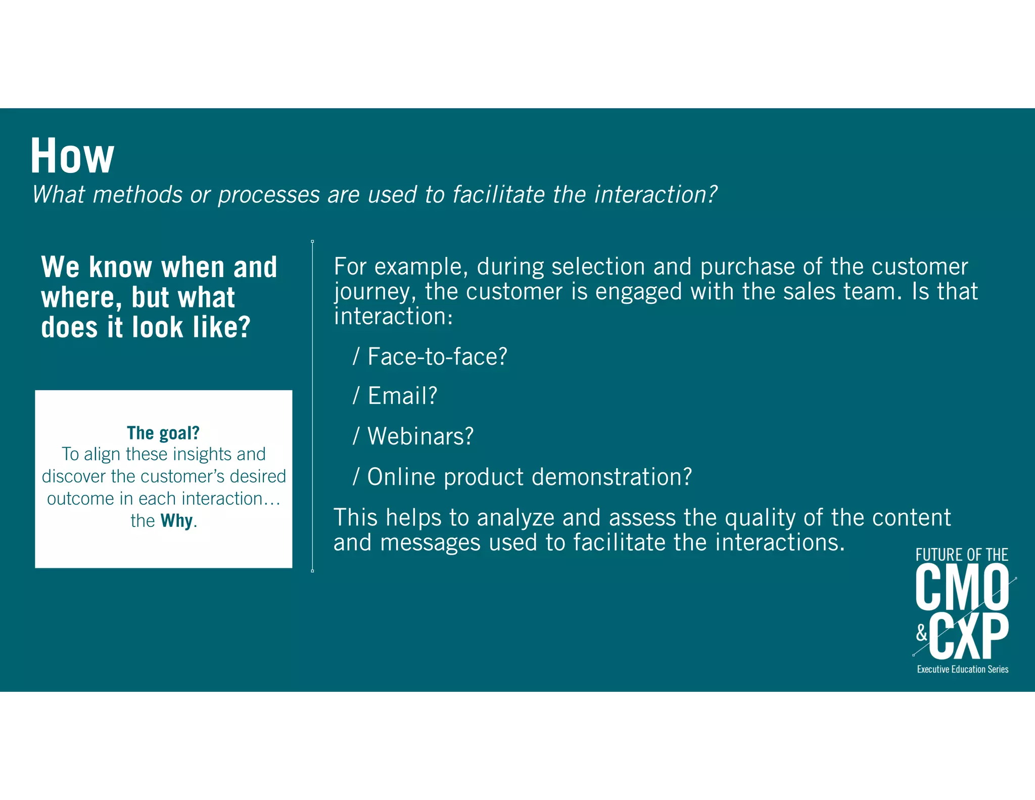 How
The goal?  
To align these insights and
discover the customer’s desired
outcome in each interaction…
the Why.
We know when and
where, but what
does it look like?
What methods or processes are used to facilitate the interaction?
For example, during selection and purchase of the customer
journey, the customer is engaged with the sales team. Is that
interaction:
/ Face-to-face?
/ Email?
/ Webinars?
/ Online product demonstration?
This helps to analyze and assess the quality of the content
and messages used to facilitate the interactions.
 