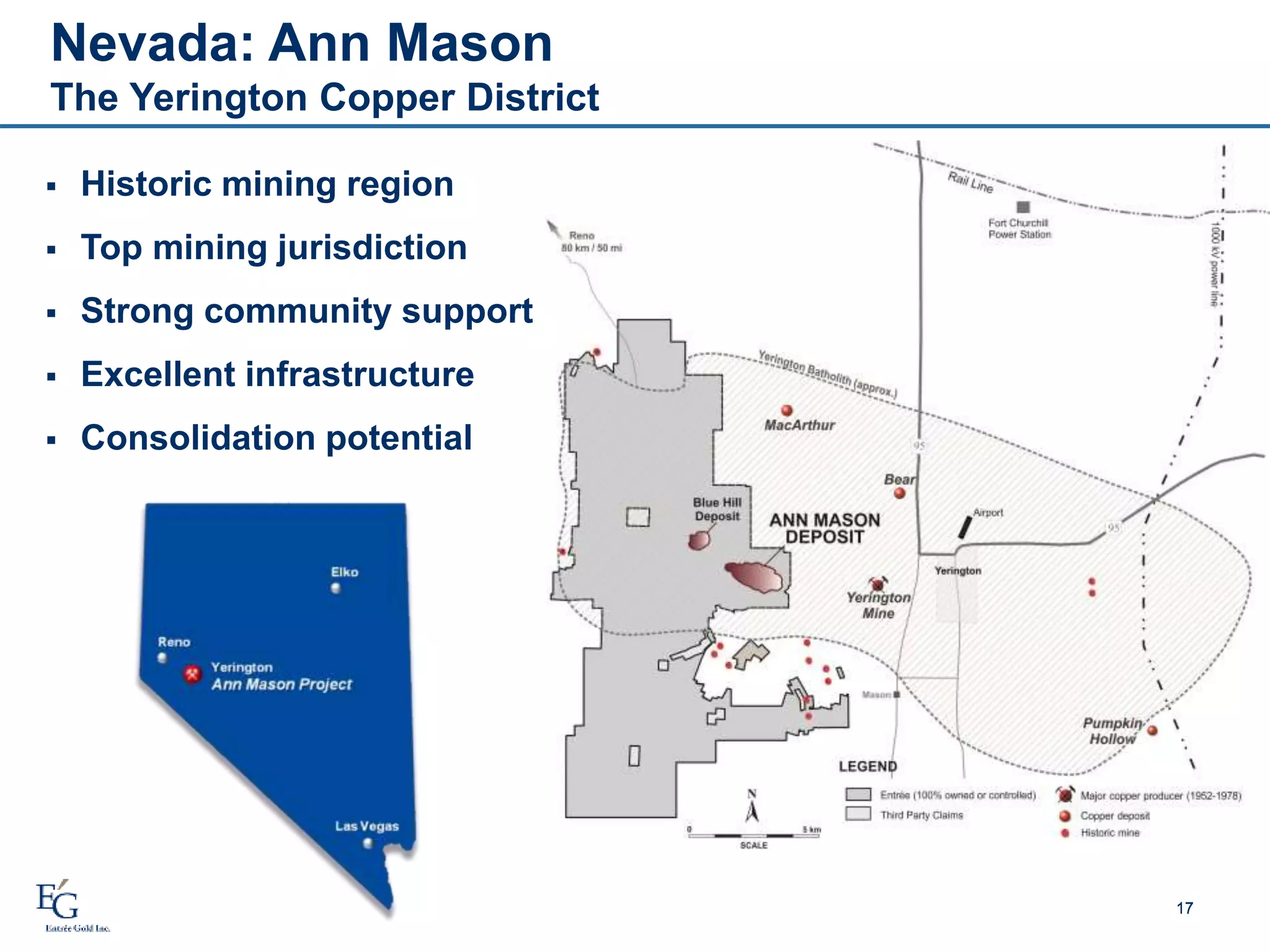 Nevada: Ann Mason
The Yerington Copper District
1717
 Historic mining region
 Top mining jurisdiction
 Strong community support
 Excellent infrastructure
 Consolidation potential
 
