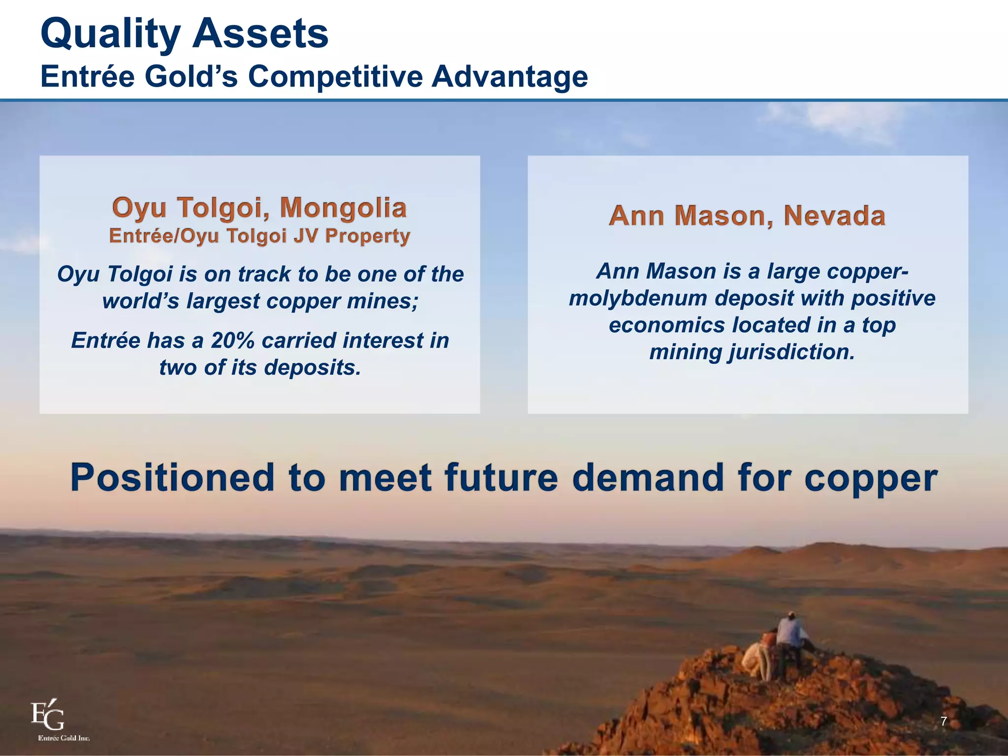7
Ann Mason is a large copper-
molybdenum deposit with positive
economics located in a top
mining jurisdiction.
Quality Assets
Entrée Gold’s Competitive Advantage
Oyu Tolgoi is on track to be one of the
world’s largest copper mines;
Entrée has a 20% carried interest in
two of its deposits.
 