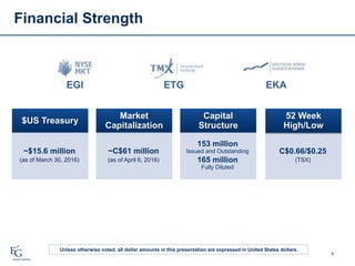 Financial Strength
4
ETGEGI EKA
C$0.66/$0.25
(TSX)
$US Treasury
~$15.6 million
(as of March 30, 2016)
Market
Capitalization
~C$61 million
(as of April 6, 2016)
Capital
Structure
153 million
Issued and Outstanding
165 million
Fully Diluted
52 Week
High/Low
Unless otherwise noted, all dollar amounts in this presentation are expressed in United States dollars.
 