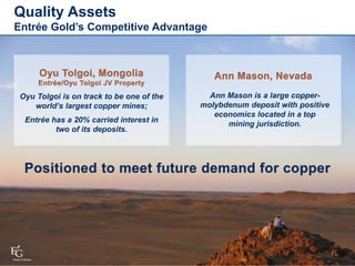 7
Ann Mason is a large copper-
molybdenum deposit with positive
economics located in a top
mining jurisdiction.
Quality Assets
Entrée Gold’s Competitive Advantage
Oyu Tolgoi is on track to be one of the
world’s largest copper mines;
Entrée has a 20% carried interest in
two of its deposits.
 