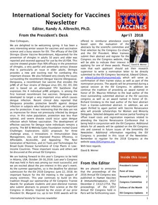International Society for Vaccines newsletter 1
April 2018
Human Vaccines
& Immunotherapeutics
 