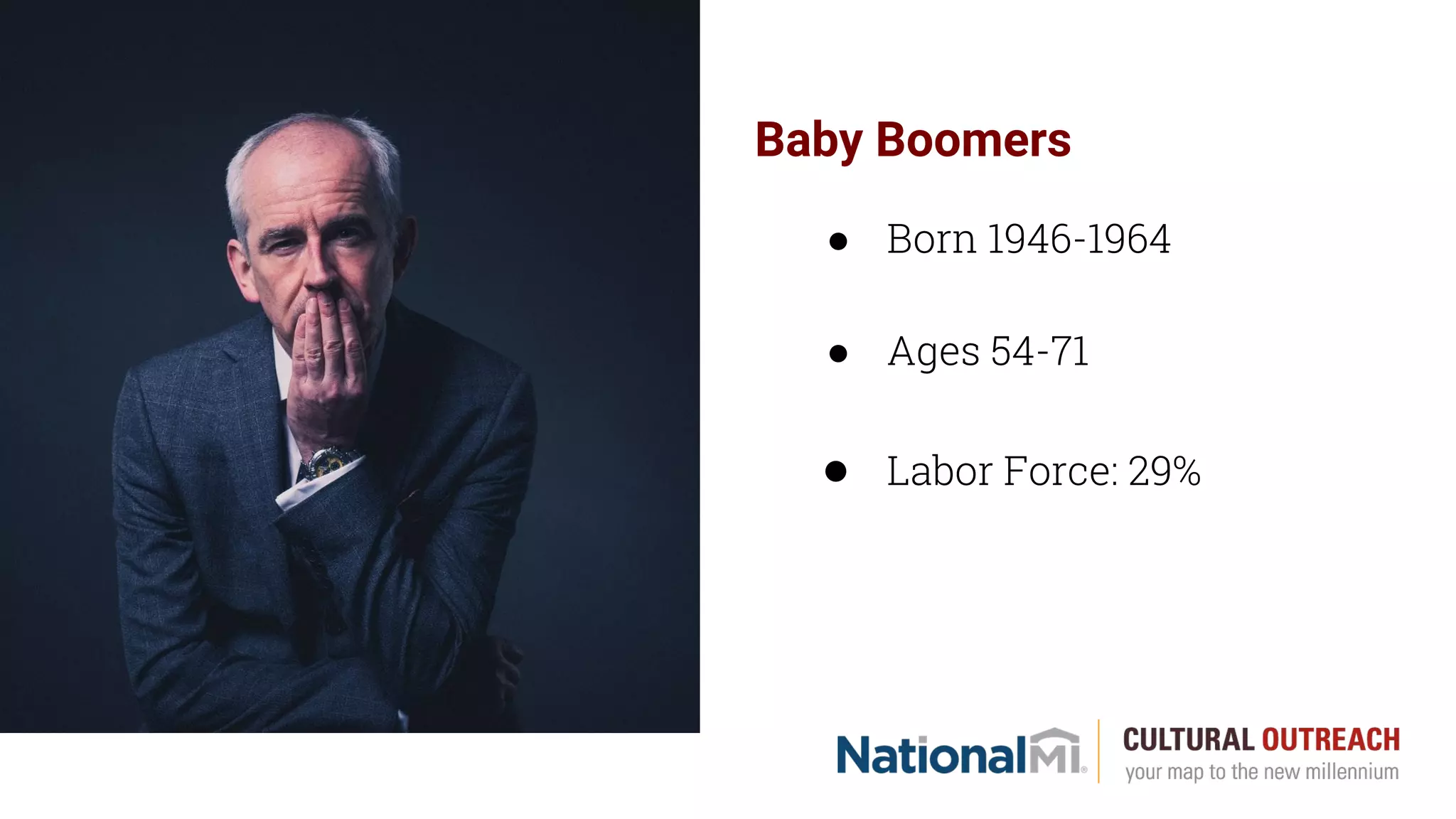 Baby Boomers
● Born 1946-1964
● Ages 54-71
● Labor Force: 29%
 