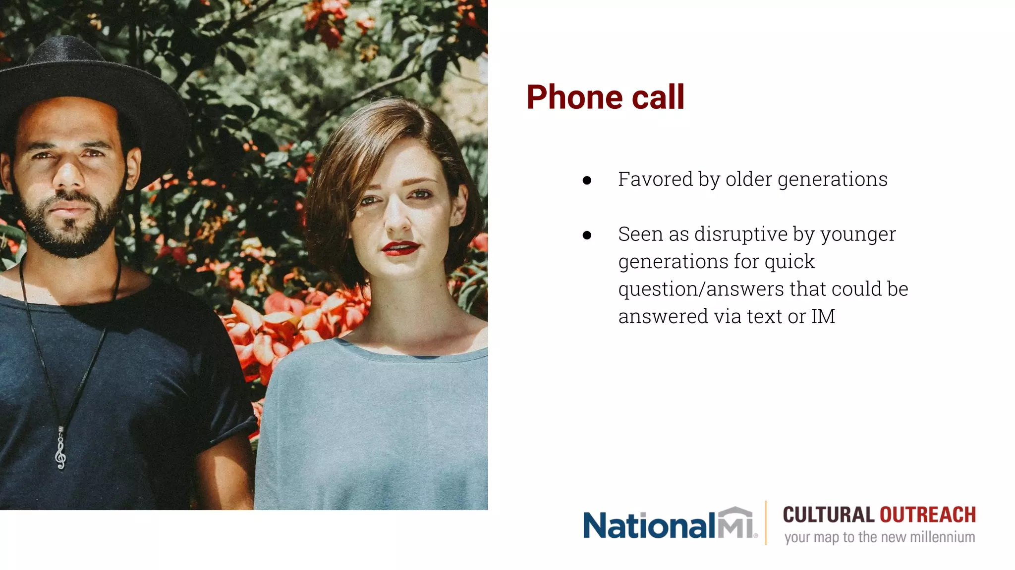 Phone call
● Favored by older generations
● Seen as disruptive by younger
generations for quick
question/answers that could be
answered via text or IM
 