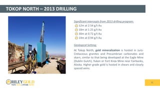 TOKOP NORTH – 2013 DRILLING
11
Significant intercepts from 2013 drilling program:
12m at 2.54 g/t Au
18m at 1.25 g/t Au
30m at 0.72 g/t Au
14m at 0.94 g/t Au
Geological Setting:
At Tokop North, gold mineralization is hosted in Juro-
Cretaceous granites and Precambrian carbonates and
skarn, similar to that being developed at the Eagle Mine
(Dublin Gulch), Yukon or Fort Knox Mine near Fairbanks,
Alaska. Higher grade gold is hosted in shears and closely
spaced veins.
 