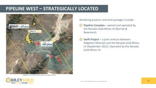 PIPELINE WEST – STRATEGICALLY LOCATED
19
Bordering projects and land packages include:
• Pipeline Complex – owned and operated by
the Nevada Gold Mines JV (Barrick &
Newmont).
• Swift Project – a joint venture between
Ridgeline Minerals and the Nevada Gold Mines
JV (September 2021). Operated by the Nevada
Gold Mines JV.
Ridgeline and NGM Project areas are approximate.
Sources: https://ridgelineminerals.com/index.php/swift/
 