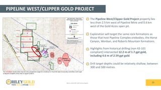 PIPELINE WEST/CLIPPER GOLD PROJECT
20
The Pipeline West/Clipper Gold Project property lies
less than 2.5 km west of Pipeline Mine and 0.6 km
west of the Gold Acres open pit.
Exploration will target the same rock formations as
those that host Pipeline Complex orebodies; the Horse
Canyon, Wenban, and Roberts Mountain formations.
Highlights from historical drilling (non 43-101
compliant) intersected 12.2 m of 1.7 gpt gold,
including 4.6 m of 2.59 gpt gold.
Drill target depths could be relatively shallow; between
300 and 500 metres.
(Barrick, 2016 & RPA, 2019 Technical Report)
The red ellipse locates what may be a very prospective target for a Goldrush or Fourmile style structurally controlled, Carlin type
of deposit at depths of less than or equal to 500 m
 