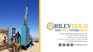 For more information, please contact us at:
Suite 2390-1055 West Hastings St.
Vancouver, B.C Canada V6E 2E9
Tel: 604.443.3831 | Toll-free: 1 (877) 792-6688
E-mail: thilditch@rileygoldcorp.com
rileygoldcorp.com
 
