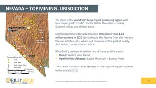 NEVADA – TOP MINING JURISDICTION
6
Tokop
Pipeline West/
Clipper
The state is the world’s 6th largest gold producing region with
four major gold “trends”: Carlin, Battle Mountain – Eureka,
Getchell trends and Walker Lane.
Gold production in Nevada totaled a little more than 4.63
million ounces in 2020 (according to the figures from the Nevada
Division of Minerals), which put the value of the gold at nearly
$8.2 billion, up 20.9% from 2019.
Riley Gold’s projects lie within two of these prolific trends:
• Tokop: Walker Lane Trend
• Pipeline West/Clipper: Battle Mountain – Eureka Trend
The Fraser Institute ranks Nevada as the top mining jurisdiction
in the world (2020).
Battle Mtn –
Eureka Trend
Carlin
Trend
Getchell
Trend
Independence Trend
Walker Lane
Trend
Sources: https://en.wikipedia.org/wiki/List_of_active_gold_mines_in_Nevada, https://www.fraserinstitute.org/
 