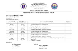 Republic of the Philippines
DEPARTMENT OF EDUCATION
Region IX, Zamboanga Peninsula
Schools Division of Zamboanga del Norte
BALIGUIAN DISTRICT
SITIO OTSO ELEMENTARY SCHOOL
INDIVIDUAL DAILY LOG ACCOMPLISHMENT REPORT
Name of Personnel: REY ARIEL S. QUIBLAT
Division of Zamboanga del Norte
Bureau Service
Date’s Covered April 4-8, 2022
Actual Days of
Attendance to Work
Actual Time Log
Onsite/Telecommute
Actual Accomplishment Output Signature
Monday
April 4, 2022
(Onsite)
7:16 – 5:11
 Conducted limited face to face classes
 Preparing performance tasks/other activities
Tuesday
April 5, 2022
(Onsite)
7:18 – 4:58
 Conducted limited face to face classes
 Preparing performance tasks/other activities
Wednesday
April 6, 2022
(Onsite)
7:30 – 4:45
 Conducted limited face to face classes
 Preparing performance tasks/other activities
Thursday
April 7, 2022
(Onsite)
7:25 – 4:50
 Conducted limited face to face classes
 Preparing performance tasks/other activities
Friday
April 8, 2022
(Onsite)
7:23 – 4:57
 Retrieving enrichment / remediation and activity sheets from parents and
guardians
 Checking of modules
Submitted by:
REY ARIEL S. QUIBLAT Noted by:
Teacher I LESLIE T. INDANGAN
Date: April 8, 2022 Head Teacher I
Date: April 8, 2022
 