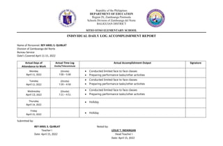 Republic of the Philippines
DEPARTMENT OF EDUCATION
Region IX, Zamboanga Peninsula
Schools Division of Zamboanga del Norte
BALIGUIAN DISTRICT
SITIO OTSO ELEMENTARY SCHOOL
INDIVIDUAL DAILY LOG ACCOMPLISHMENT REPORT
Name of Personnel: REY ARIEL S. QUIBLAT
Division of Zamboanga del Norte
Bureau Service
Date’s Covered April 11-15, 2022
Actual Days of
Attendance to Work
Actual Time Log
Onsite/Telecommute
Actual Accomplishment Output Signature
Monday
April 11, 2022
(Onsite)
7:00 – 5:00
 Conducted limited face to face classes
 Preparing performance tasks/other activities
Tuesday
April 12, 2022
(Onsite)
7:20 – 4:50
 Conducted limited face to face classes
 Preparing performance tasks/other activities
Wednesday
April 13, 2022
(Onsite)
7:21 – 4:51
 Conducted limited face to face classes
 Preparing performance tasks/other activities
Thursday
April 14, 2022
 Holiday
Friday
April 15, 2022
 Holiday
Submitted by:
REY ARIEL S. QUIBLAT Noted by:
Teacher I LESLIE T. INDANGAN
Date: April 15, 2022 Head Teacher I
Date: April 15, 2022
 