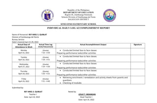 Republic of the Philippines
DEPARTMENT OF EDUCATION
Region IX, Zamboanga Peninsula
Schools Division of Zamboanga del Norte
BALIGUIAN DISTRICT
SITIO OTSO ELEMENTARY SCHOOL
INDIVIDUAL DAILY LOG ACCOMPLISHMENT REPORT
Name of Personnel: REY ARIEL S. QUIBLAT
Division of Zamboanga del Norte
Bureau Service
Date’s Covered April 25-29, 2022
Actual Days of
Attendance to Work
Actual Time Log
Onsite/Telecommute
Actual Accomplishment Output Signature
Monday
April 25, 2022
(Onsite)
7:16 – 4:50
 Conducted limited face to face classes
Preparing performance tasks/other activities
Tuesday
April 26, 2022
(Onsite)
7:18 – 4:51
 Conducted limited face to face classes
Preparing performance tasks/other activities
Wednesday
April 27, 2022
(Onsite)
7:19 – 4:30
 Conducted limited face to face classes
Preparing performance tasks/other activities
Thursday
April 28, 2022
(Onsite)
7:20 – 4:31
 Conducted limited face to face classes
Preparing performance tasks/other activities
Friday
April 29, 2022
(Onsite)
7:21 – 4:40
 Retrieving enrichment / remediation and activity sheets from parents and
guardians
 Checking of modules
Submitted by:
REY ARIEL S. QUIBLAT Noted by:
Teacher I LESLIE T. INDANGAN
Date: April 29, 2022 Head Teacher I
Date: April 29, 2022
 