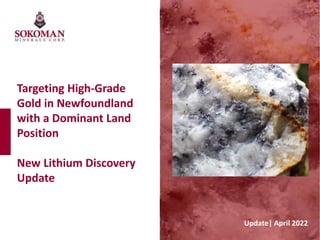 Targeting High-Grade
Gold in Newfoundland
with a Dominant Land
Position
New Lithium Discovery
Update
Update| April 2022
 