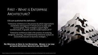 FIRST - WHAT IS ENTERPRISE
ARCHITECTURE?
CIO.com published this definition:
“Enterprise architecture is the process by which organizations
standardize and organize IT infrastructure to align with
business goals. These strategies support digital
transformation, IT growth, and the modernization of IT.“
“Enterprise architecture (EA) is the practice of analyzing,
designing, planning, and implementing enterprise analysis to
successfully execute on business strategies…”
https://www.cio.com/article/222421/what-is-enterprise-architecture-a-framework-for-transformation.html
NO MENTION OF DATA IN THE DEFINITION. WHERE IS THE LINK
BETWEEN ENTERPRISE ARCHITECTURE AND DATA?
 