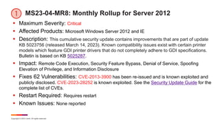 Copyright © 2023 Ivanti. All rights reserved.
MS23-04-MR8: Monthly Rollup for Server 2012
 Maximum Severity: Critical
 Affected Products: Microsoft Windows Server 2012 and IE
 Description: This cumulative security update contains improvements that are part of update
KB 5023756 (released March 14, 2023). Known compatibility issues exist with certain printer
models which feature GDI printer drivers that do not completely adhere to GDI specifications.
Bulletin is based on KB 5025287.
 Impact: Remote Code Execution, Security Feature Bypass, Denial of Service, Spoofing
Elevation of Privilege, and Information Disclosure
 Fixes 62 Vulnerabilities: CVE-2013-3900 has been re-issued and is known exploited and
publicly disclosed. CVE-2023-28252 is known exploited. See the Security Update Guide for the
complete list of CVEs.
 Restart Required: Requires restart
 Known Issues: None reported
 