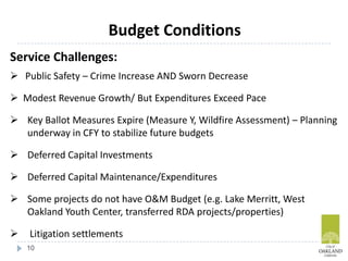 10
Service Challenges:
 Public Safety – Crime Increase AND Sworn Decrease
 Modest Revenue Growth/ But Expenditures Exceed Pace
 Key Ballot Measures Expire (Measure Y, Wildfire Assessment) – Planning
underway in CFY to stabilize future budgets
 Deferred Capital Investments
 Deferred Capital Maintenance/Expenditures
 Some projects do not have O&M Budget (e.g. Lake Merritt, West
Oakland Youth Center, transferred RDA projects/properties)
 Litigation settlements
Budget Conditions
 