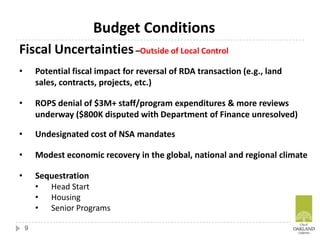 9
Fiscal Uncertainties–Outside of Local Control
• Potential fiscal impact for reversal of RDA transaction (e.g., land
sales, contracts, projects, etc.)
• ROPS denial of $3M+ staff/program expenditures & more reviews
underway ($800K disputed with Department of Finance unresolved)
• Undesignated cost of NSA mandates
• Modest economic recovery in the global, national and regional climate
• Sequestration
• Head Start
• Housing
• Senior Programs
Budget Conditions
 