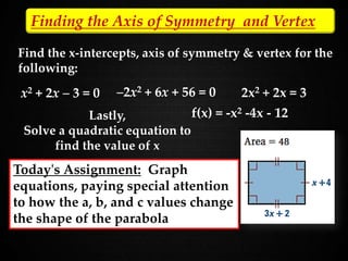 Finding the Axis of Symmetry and Vertex
Find the x-intercepts, axis of symmetry & vertex for the
following:
x2 + 2x – 3 = 0 –2x2 + 6x + 56 = 0 2x2 + 2x = 3
Lastly,
Solve a quadratic equation to
find the value of x
f(x) = -x2 -4x - 12
Today's Assignment: Graph
equations, paying special attention
to how the a, b, and c values change
the shape of the parabola
 