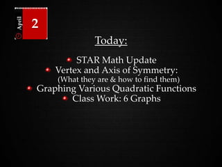 Today:
STAR Math Update
Vertex and Axis of Symmetry:
(What they are & how to find them)
Graphing Various Quadratic Functions
Class Work: 6 Graphs
2April
 