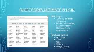 SHORTCODES ULTIMATE PLUGIN
FREE Plugin
• Over 70 different
functions
• As the title implies,
easy shortcodes
that insert into
your content
Functions such as
• Accordion
• Tabs
• Icons
• Sliders
• Image Gallery
 