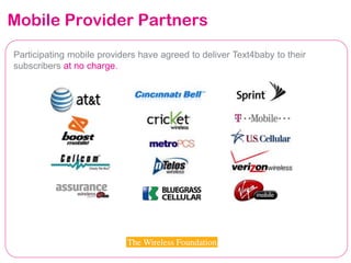 text4baby
Mobile Provider Partners
Participating mobile providers have agreed to deliver Text4baby to their
subscribers at no charge.
 