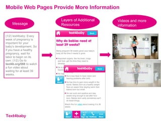 (1/2) text4baby: Every
week of pregnancy is
important for your
baby’s development. So
if you have a healthy
pregnancy, wait for
labor to begin on its
own. (1/2) Go to
text4b.org/088 to watch
a fun video about
waiting for at least 39
weeks.
Message
Layers of Additional
Resources
Mobile Web Pages Provide More Information
Videos and more
information
 