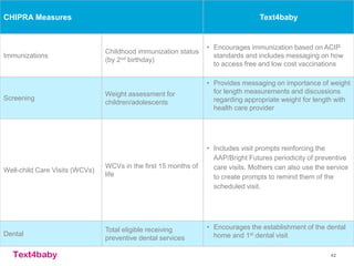 text4baby 42
CHIPRA Measures Text4baby
Immunizations
Childhood immunization status
(by 2nd birthday)
• Encourages immunization based on ACIP
standards and includes messaging on how
to access free and low cost vaccinations
Screening
Weight assessment for
children/adolescents
• Provides messaging on importance of weight
for length measurements and discussions
regarding appropriate weight for length with
health care provider
Well-child Care Visits (WCVs)
WCVs in the first 15 months of
life
• Includes visit prompts reinforcing the
AAP/Bright Futures periodicity of preventive
care visits. Mothers can also use the service
to create prompts to remind them of the
scheduled visit.
Dental
Total eligible receiving
preventive dental services
• Encourages the establishment of the dental
home and 1st dental visit
 
