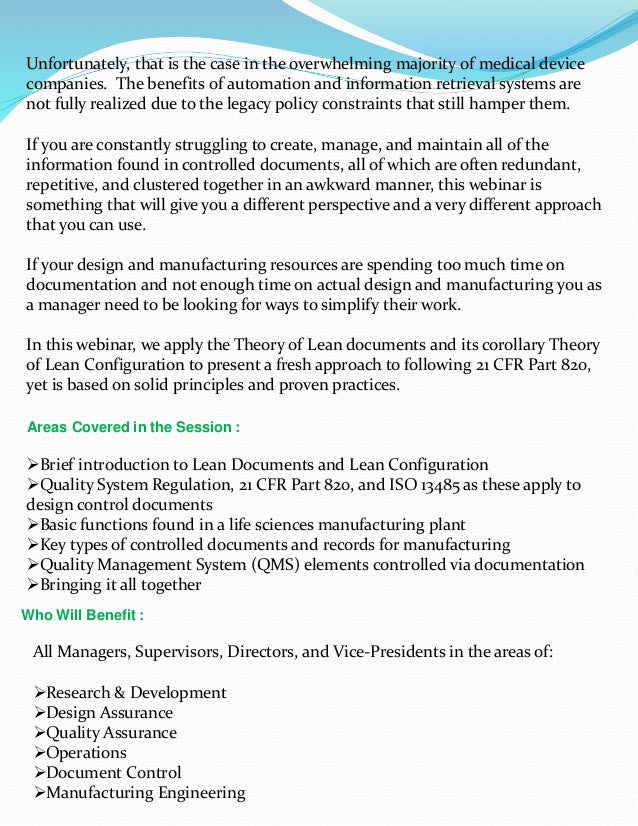 21 cfr part 820 quality system regulation applying principles of lea…