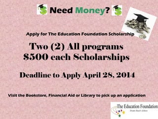 Need Money?
Apply for The Education Foundation Scholarship
Visit the Bookstore, Financial Aid or Library to pick up an application
Two (2) All programs
$500 each Scholarships
Deadline to Apply April 28, 2014
 