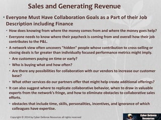 Sales and Generating Revenue
• Everyone Must Have Collaboration Goals as a Part of their Job
Description including Finance
• How does knowing from where the money comes from and where the money goes help?
• Everyone needs to know where their paycheck is coming from and overall how their job
contributes to the P&L.
• A network view often uncovers "hidden" people whose contribution to cross-selling or
closing deals is far greater than individually focused performance metrics might imply.
• Are customers paying on time or early?
• Who is buying what and how often?
• Are there any possibilities for collaboration with our vendors to increase our customer
base?
• What other services do our partners offer that might help create additional offerings?
• It can also suggest where to replicate collaborative behavior, when to draw in valuable
experts from the network's fringe, and how to eliminate obstacles to collaborative sales
efforts.
• obstacles that include time, skills, personalities, incentives, and ignorance of which
colleagues have expertise.
Copyright © 2014 by Cyber Defense Resources all rights reserved
 