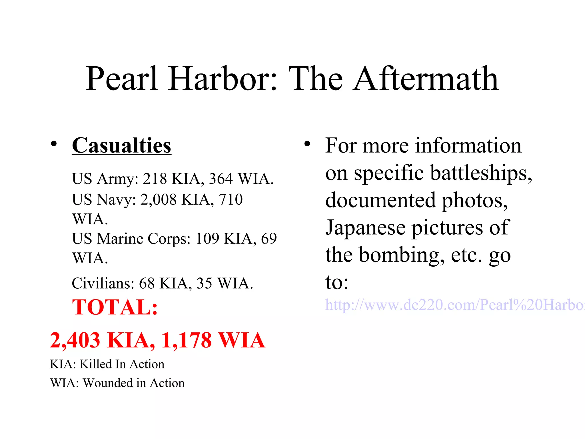 Pearl Harbor: The Aftermath
• Casualties
US Army: 218 KIA, 364 WIA.
US Navy: 2,008 KIA, 710
WIA.
US Marine Corps: 109 KIA, 69
WIA.
Civilians: 68 KIA, 35 WIA.
TOTAL:
2,403 KIA, 1,178 WIA
KIA: Killed In Action
WIA: Wounded in Action
• For more information
on specific battleships,
documented photos,
Japanese pictures of
the bombing, etc. go
to:
http://www.de220.com/Pearl%20Harbor
 