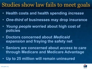 Studies show law fails to meet goals
  • Health costs and health spending increase
  • One-third of businesses may drop insurance
  • Young people worried about high cost of
    policies
  • Doctors concerned about Medicaid
    expansion and fraying the safety net
  • Seniors are concerned about access to care
    through Medicare and Medicare Advantage
  • Up to 25 million will remain uninsured
www.galen.org
 